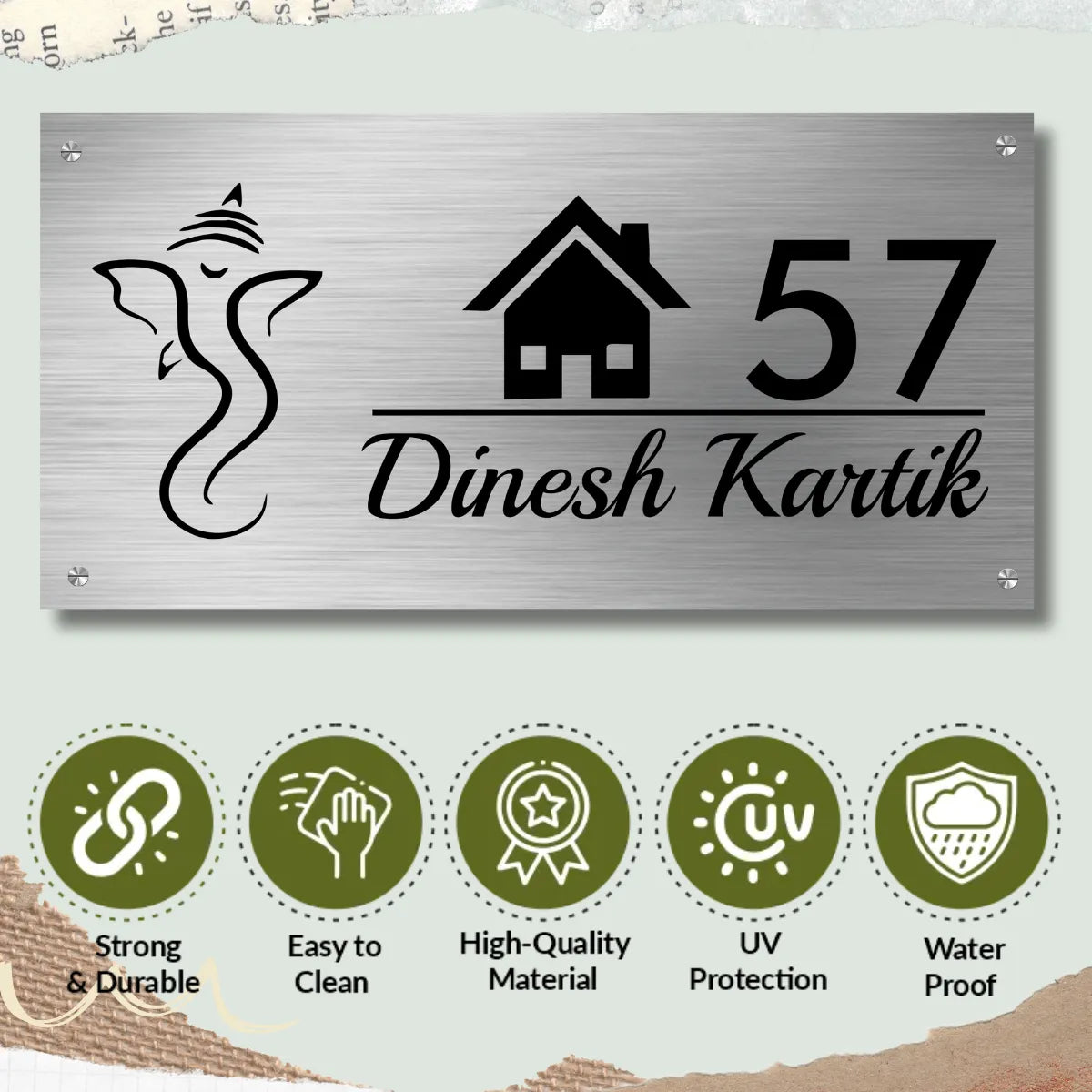 Ganesha Home Stainless Steel Nameplate for Home office Outdoor Entrance