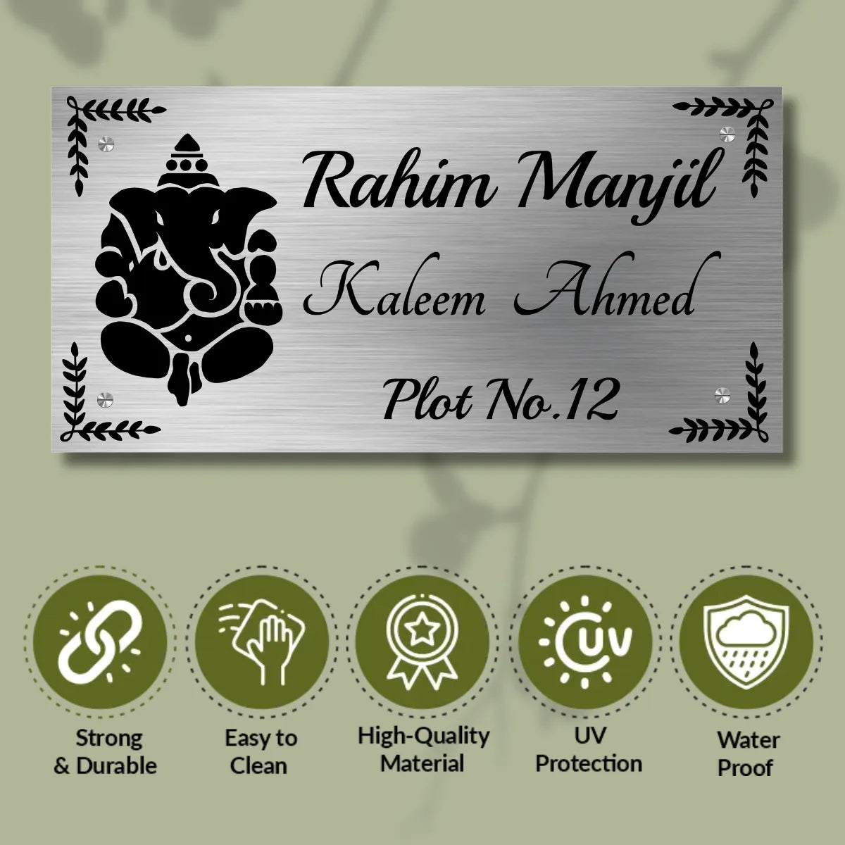 Ganesha Leaf Stainless Steel Nameplate for Home office Outdoor Entrance
