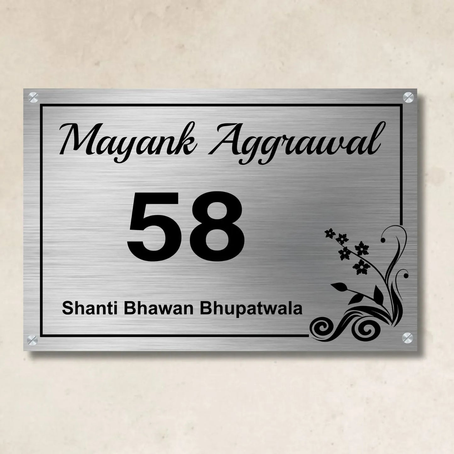 Corner Floral Stainless Steel Nameplate for Home office Outdoor