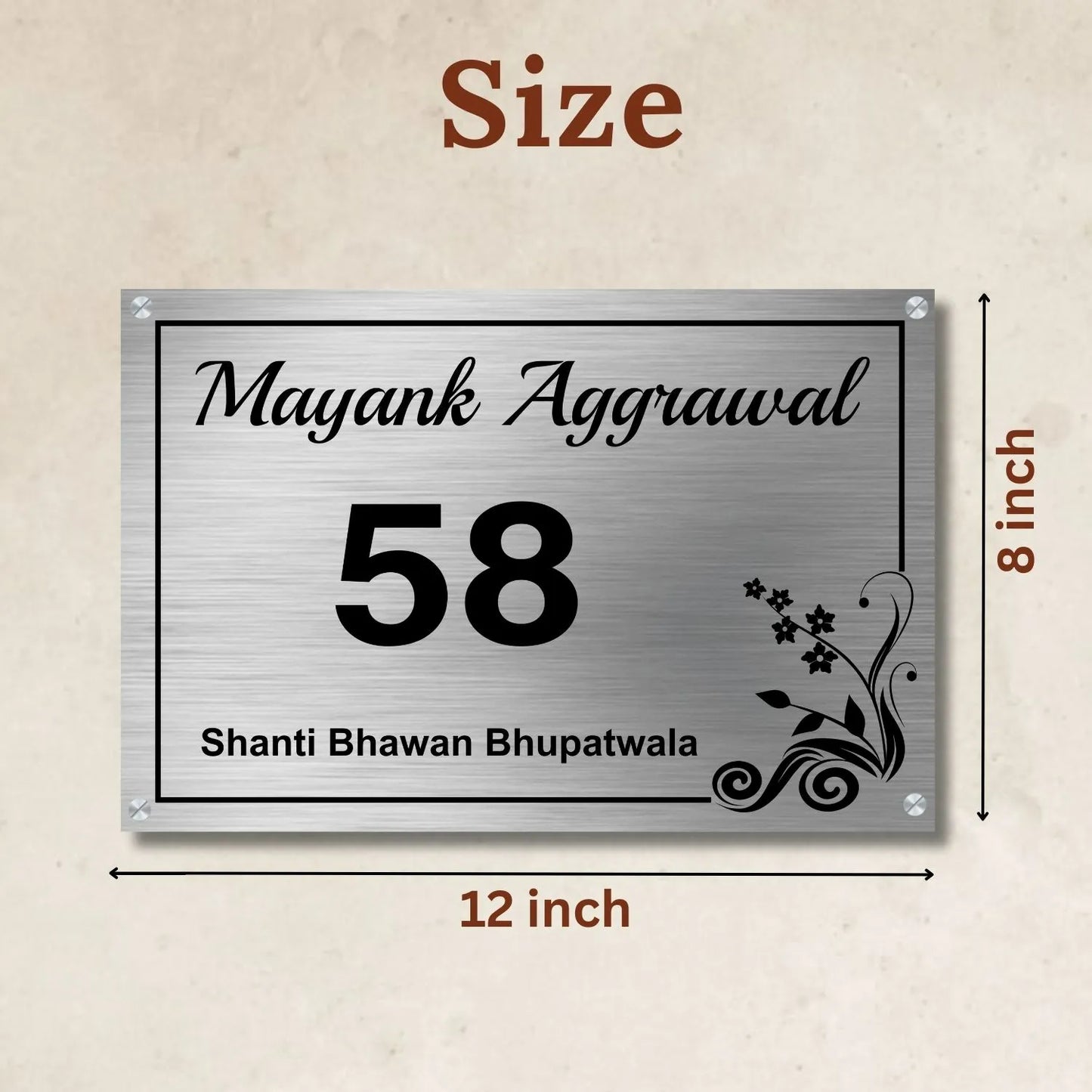 Corner Floral Stainless Steel Nameplate for Home office Outdoor