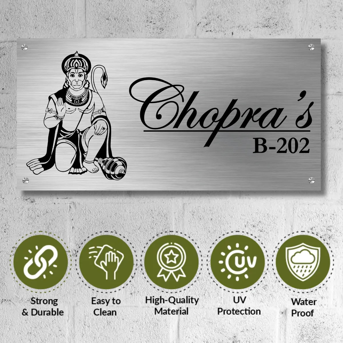 Lord Hanuman Stainless Steel Nameplate for Home office Outdoor Entrance