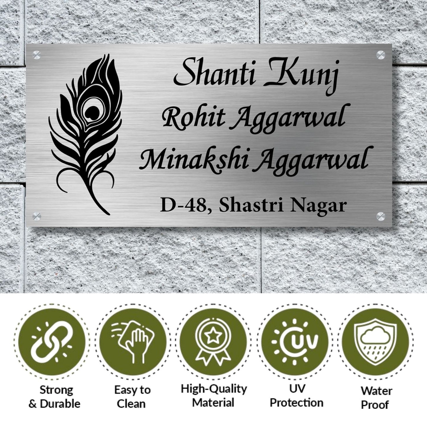 Peacock Feather Stainless Steel Nameplate for Home office Outdoor Entrance