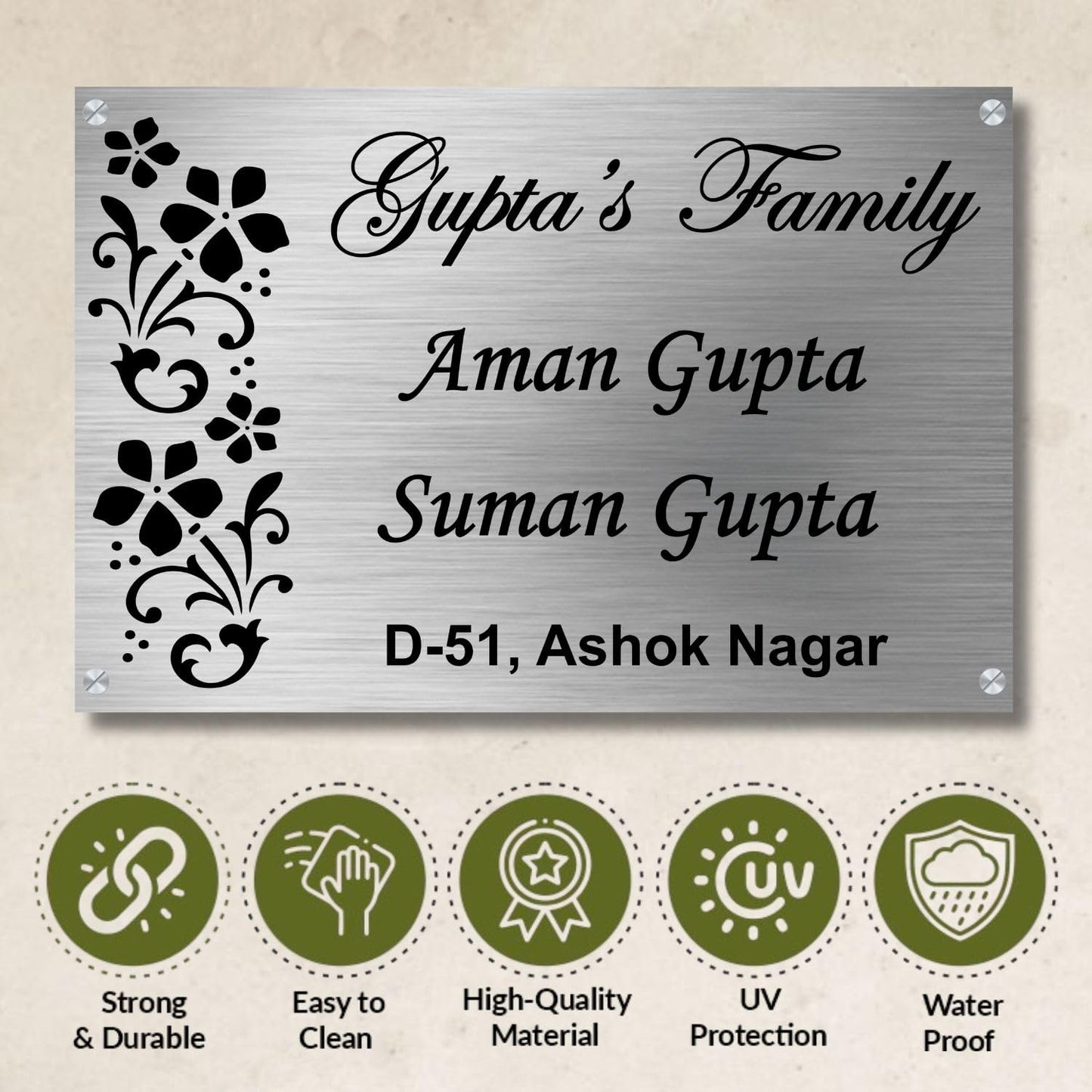 Floral Leaves Stainless Steel Nameplate For Home Entrance Outdoor Customized Door name plates