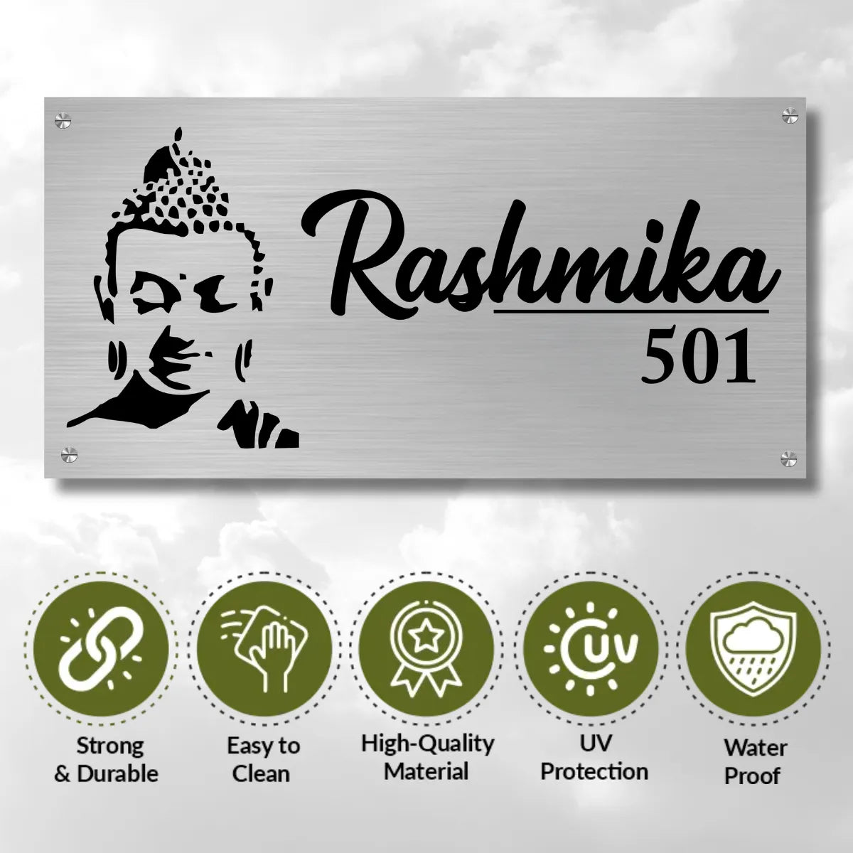 Lord Budha Stainless Steel Nameplate for Home office Outdoor Entrance