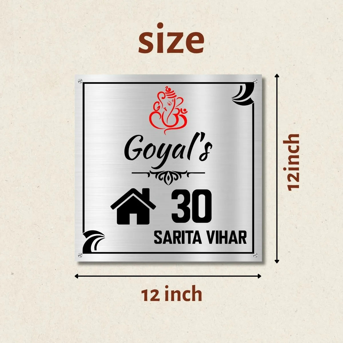 Lord Ganesh Stylish Nameplate for Home, Door, Bungalow (12x12 inches)