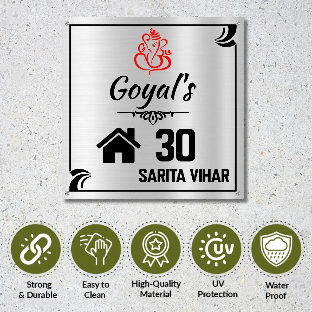 Lord Ganesh Stylish Nameplate for Home, Door, Bungalow (12x12 inches)