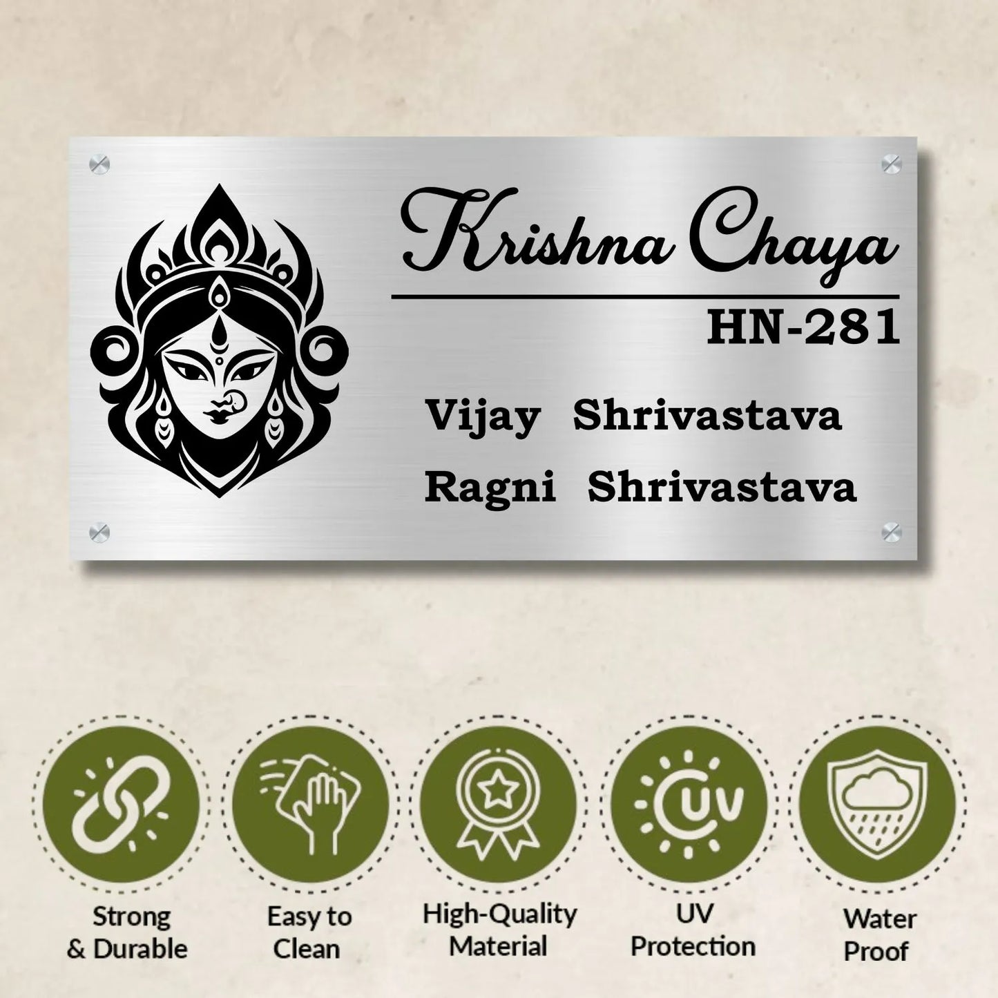Goddess Durga Stainless Steel Nameplate for Home office Outdoor