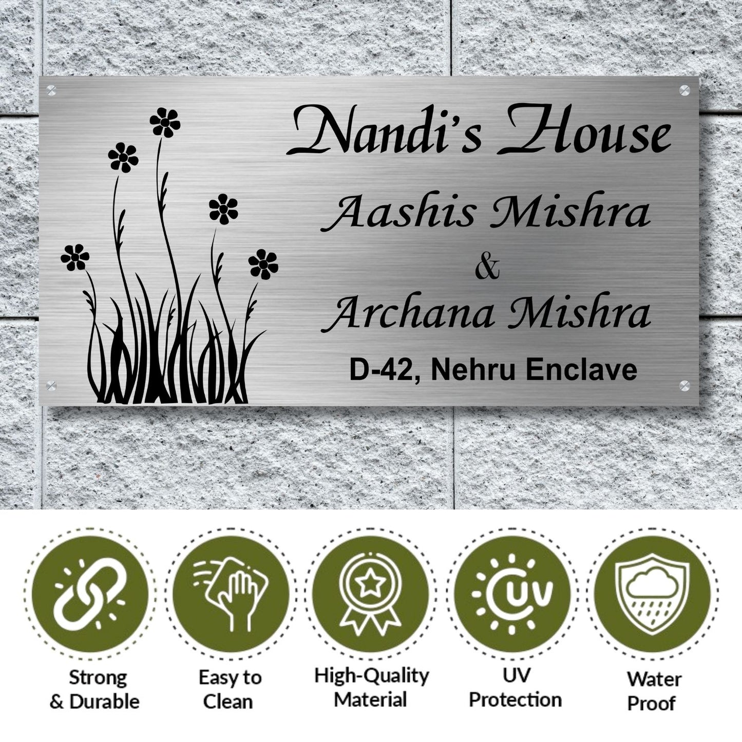 Flower Stainless Steel Nameplate for Home office Outdoor Entrance