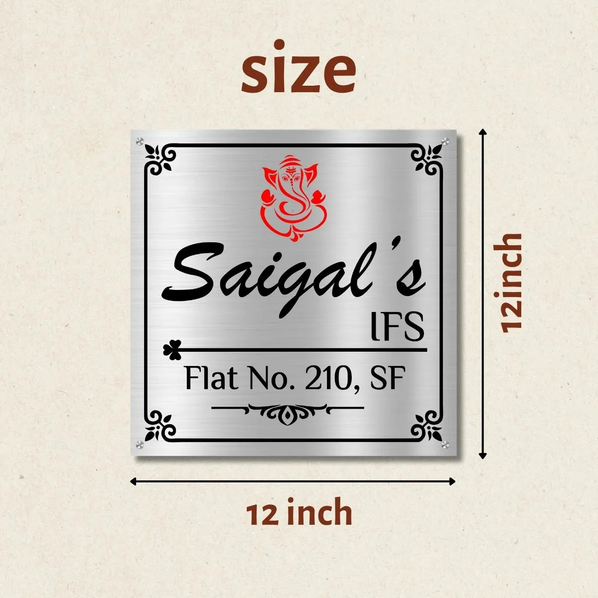 Lord Ganesh Modern Nameplate for Home, Door, Bungalow (12x12 inches)