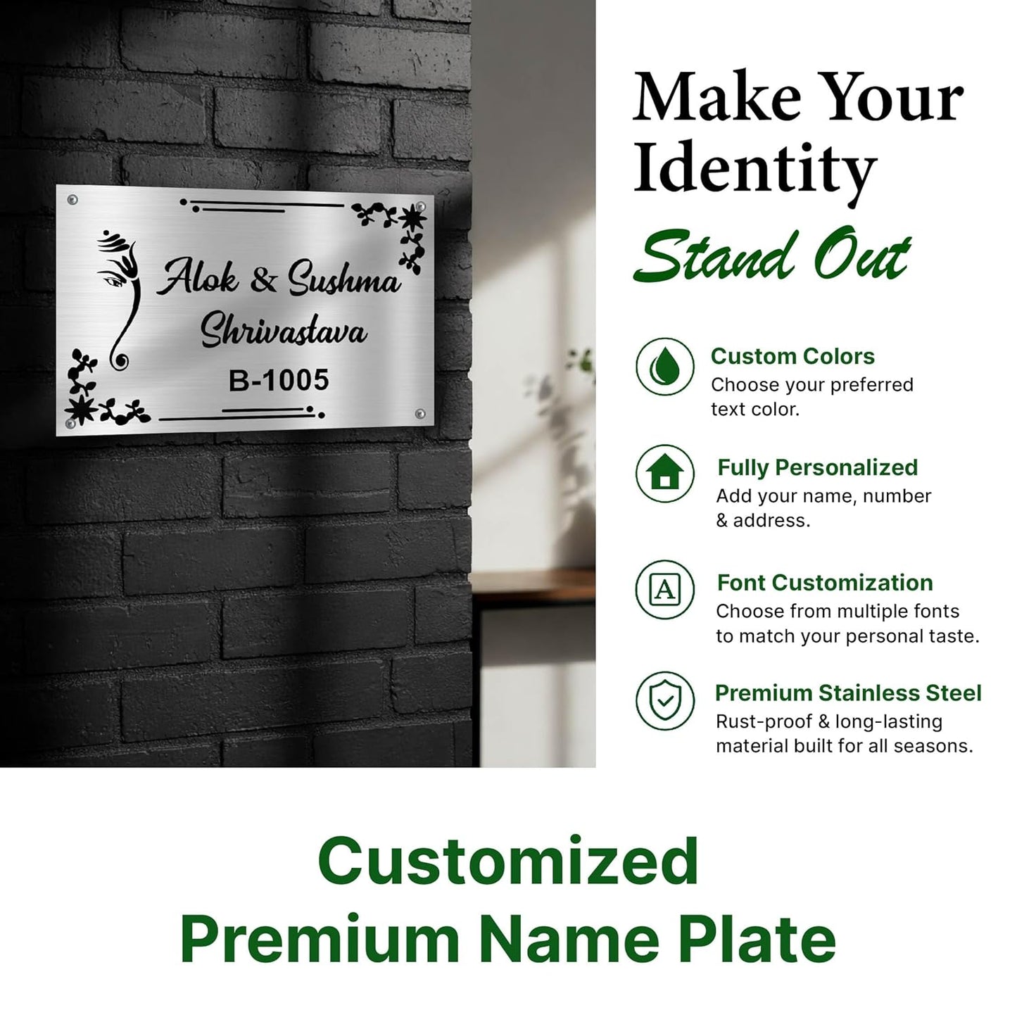 Lord Ganesha Stainless Steel Nameplate For Home Entrance Outdoor Door name plates