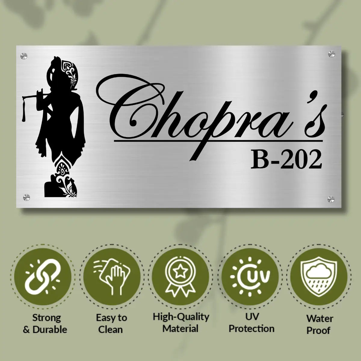 Lord Krishna Stainless Steel Nameplate for Home office Outdoor