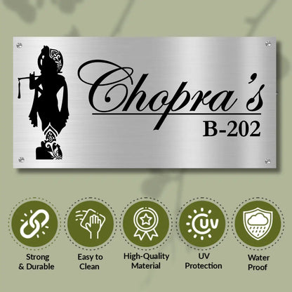 Lord Krishna Stainless Steel Nameplate for Home office Outdoor